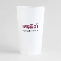 Un ecocup givré de dos pour un mariage avec un texte "merci de faire partie de notre vie".