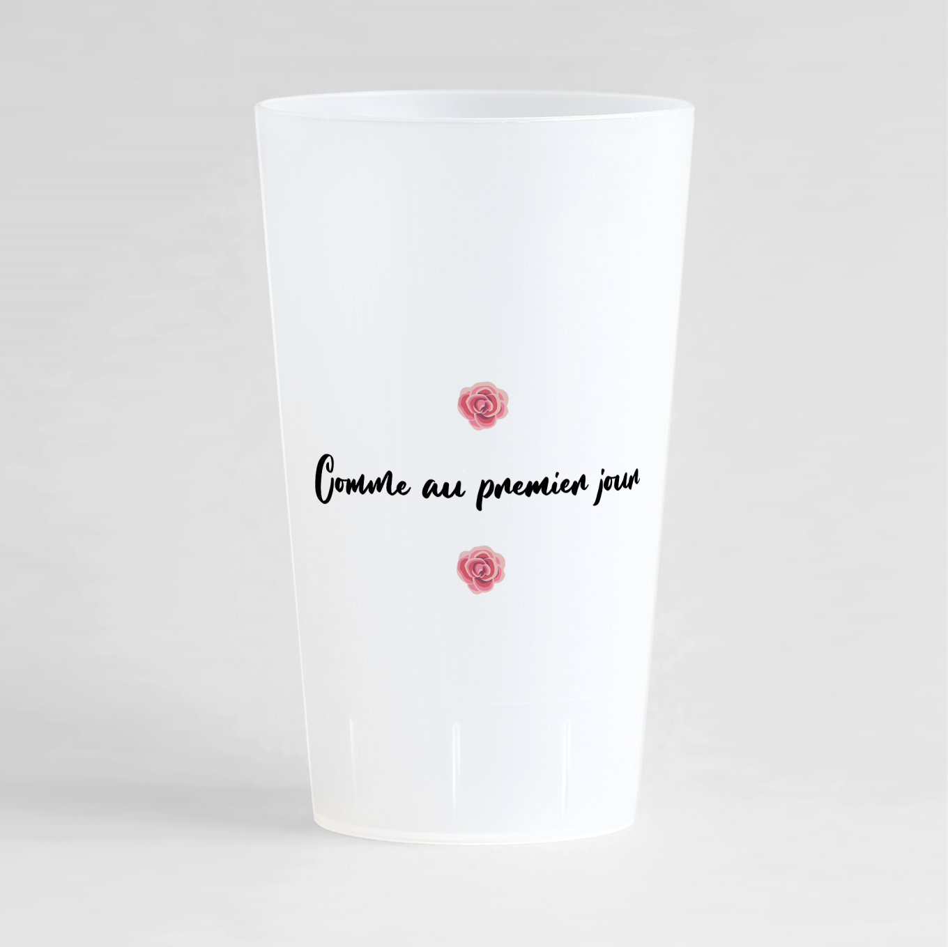 Un ecocup givré de dos personnalisé pour un anniversaire de mariage avec des zones de texte des roses