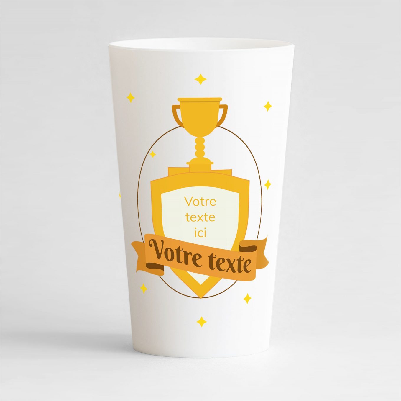 un ecocup blanc de face avec un style festif, une coupe et un emblème à personnaliser