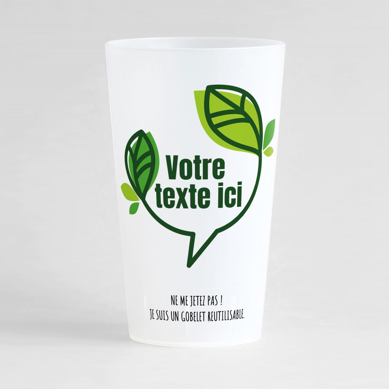 Un bel ecocup givré de face avec une bulle végétale dans laquelle il y a une zone de texte personnalisable.