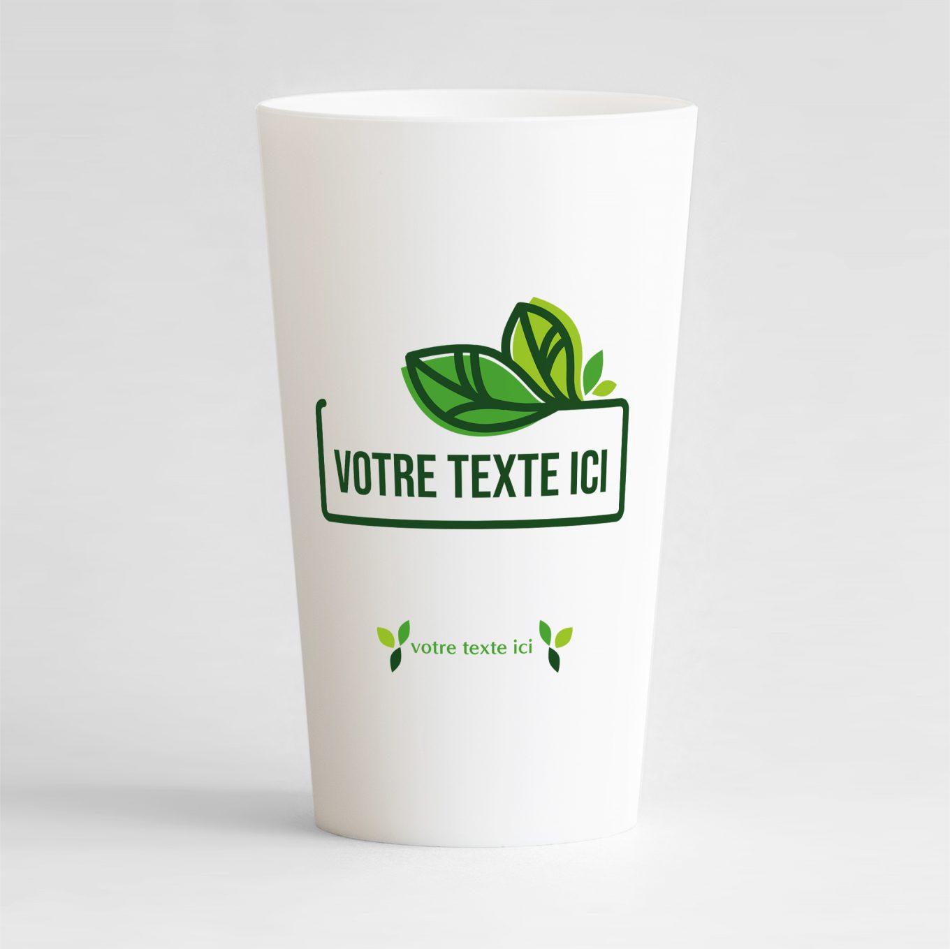 Un ecocup blanc de face pour votre événement, avec un cadre, des jolies feuilles et zones de texte