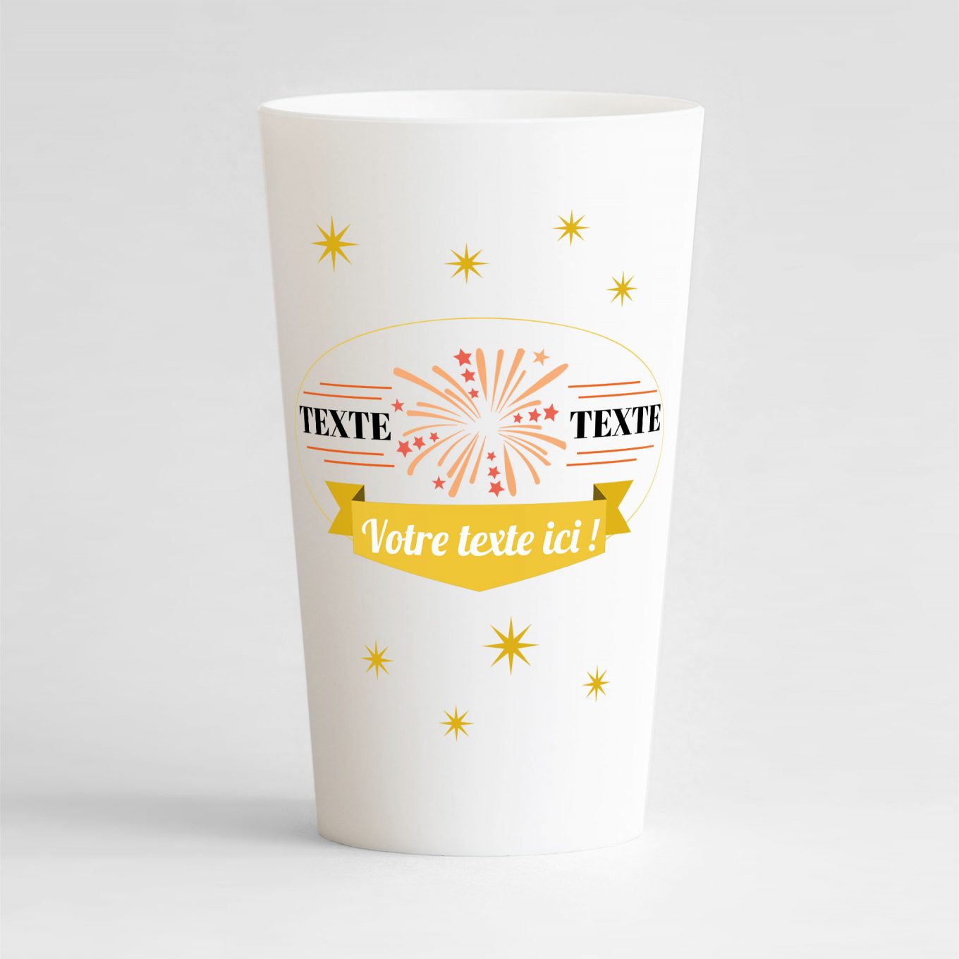 un ecocup blanc de face avec un style festif, un feu d'artifice et une etiquette à personnaliser