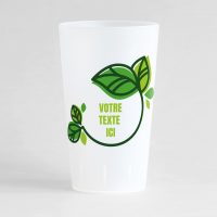 Un ecocup givré de face pour votre événement écolo, avec de grandes feuilles vertes et une zone de texte à personnaliser.