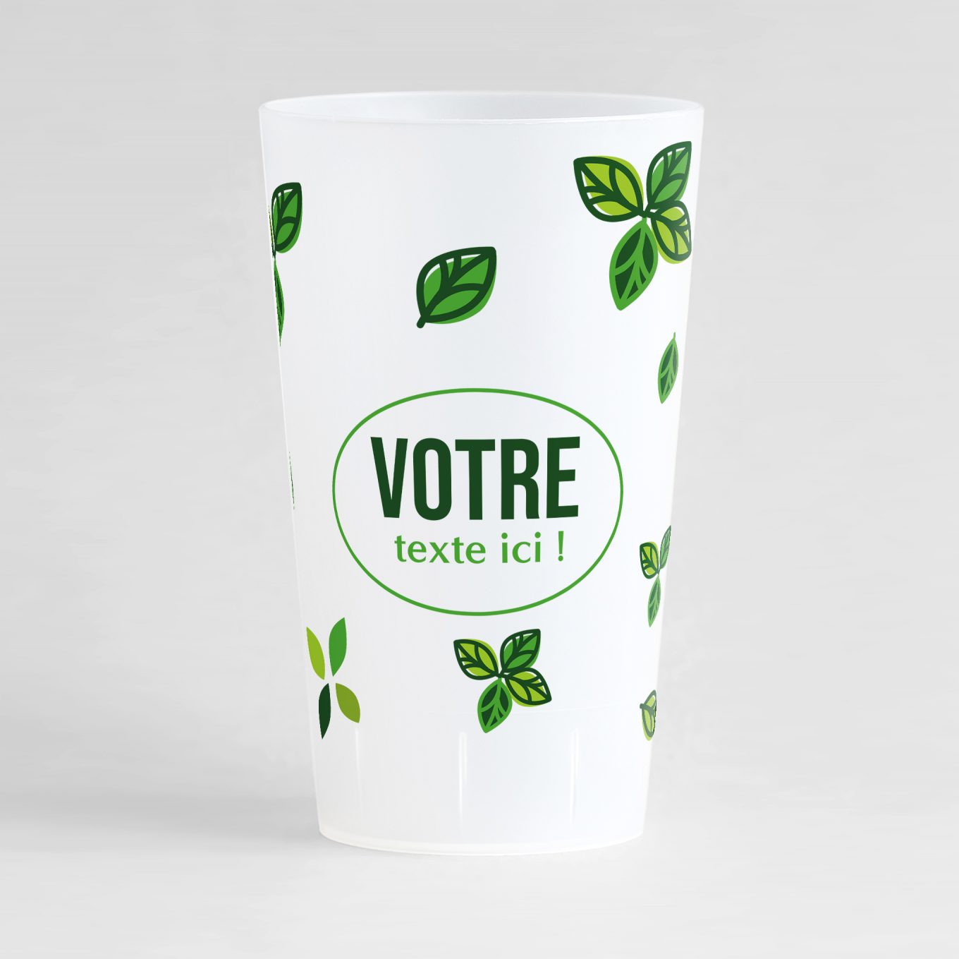 Un ecocup givré de face pour votre événement, avec une des feuilles, un cercle et des zones de texte