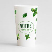 Un ecocup blanc de face pour votre événement, avec une des feuilles, un cercle et des zones de texte