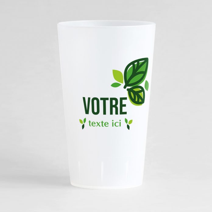 Un ecocup givré de face pour votre événement, avec des jolies feuilles et zones de texte