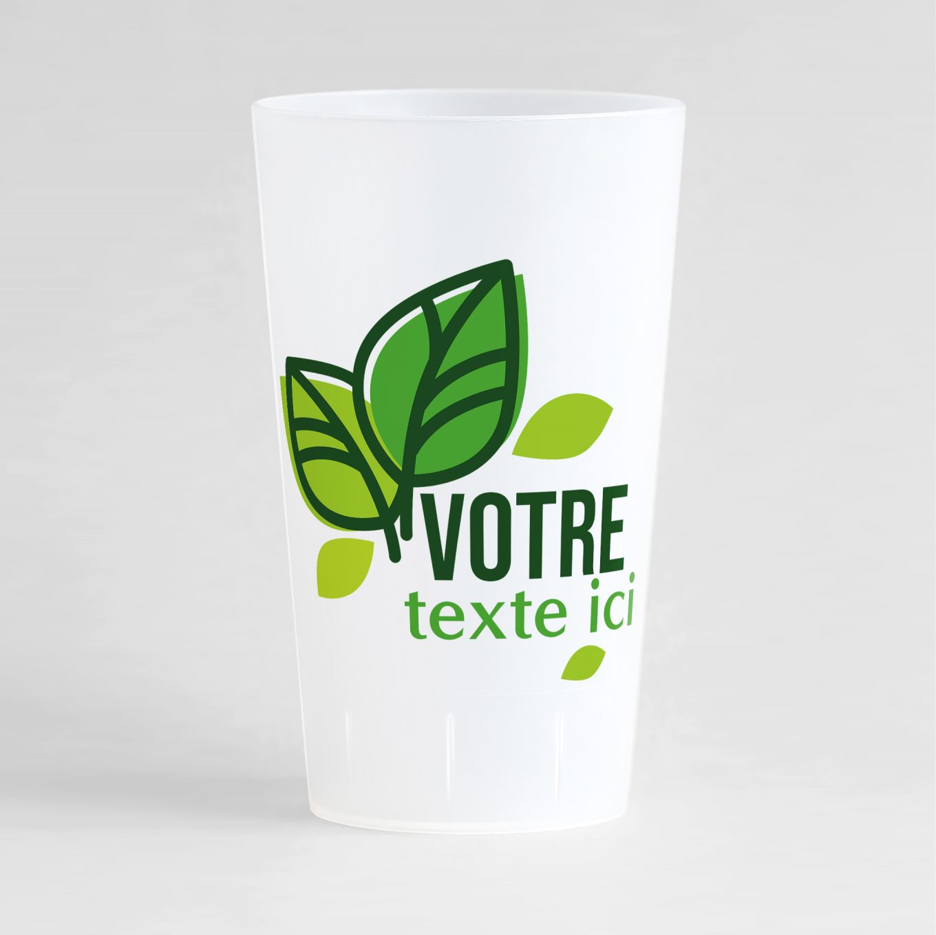 Un ecocup givré de face pour votre événement, avec des jolies feuilles et zones de texte