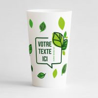 Un ecocup blanc de face pour votre événement, avec une pluie de feuilles, un cadre et des zones de texte