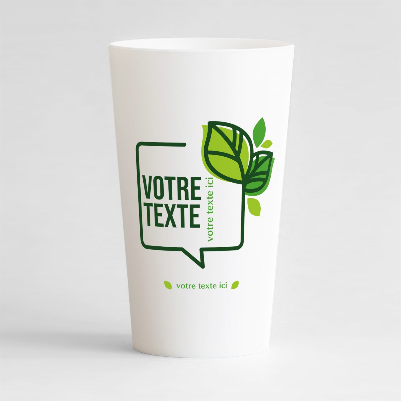 Un ecocup blanc de face pour votre événement, avec un cadre, des jolies feuilles et zones de texte