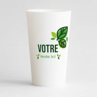 Un ecocup blanc de face pour votre événement, avec des jolies feuilles et zones de texte