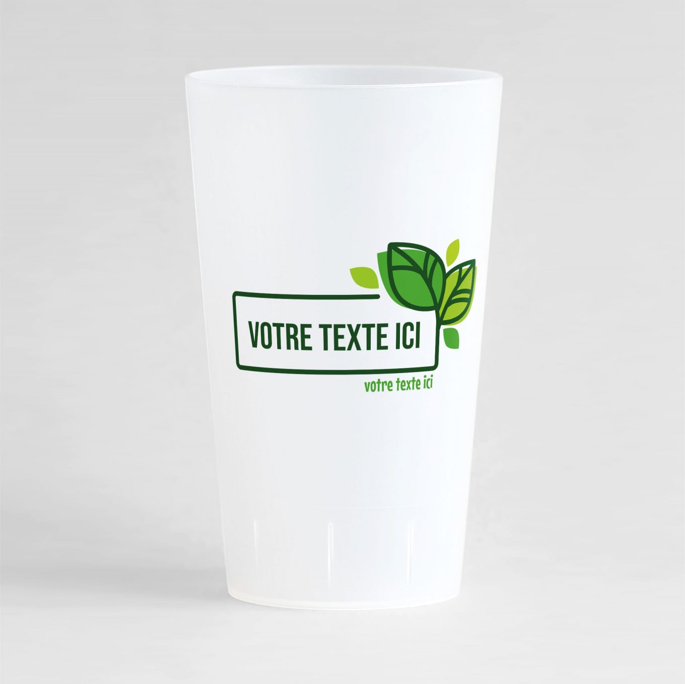 Un ecocup givré de face pour votre événement, avec un cadre orné de fuille à l'intérieur duquel vous pouvez écrire le texte de votre choix.