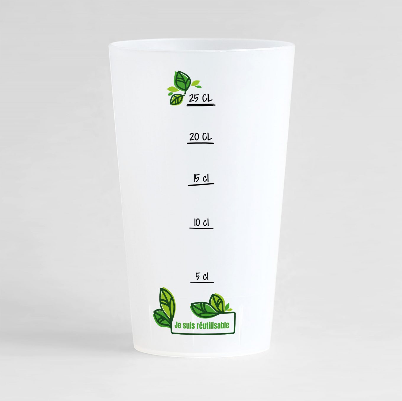 Un ecocup givré de dos pour votre événement, avec une graduation, des motifs feuilles ainsi qu'un petit texte je suis réutilisable que vous pouvez éditer.