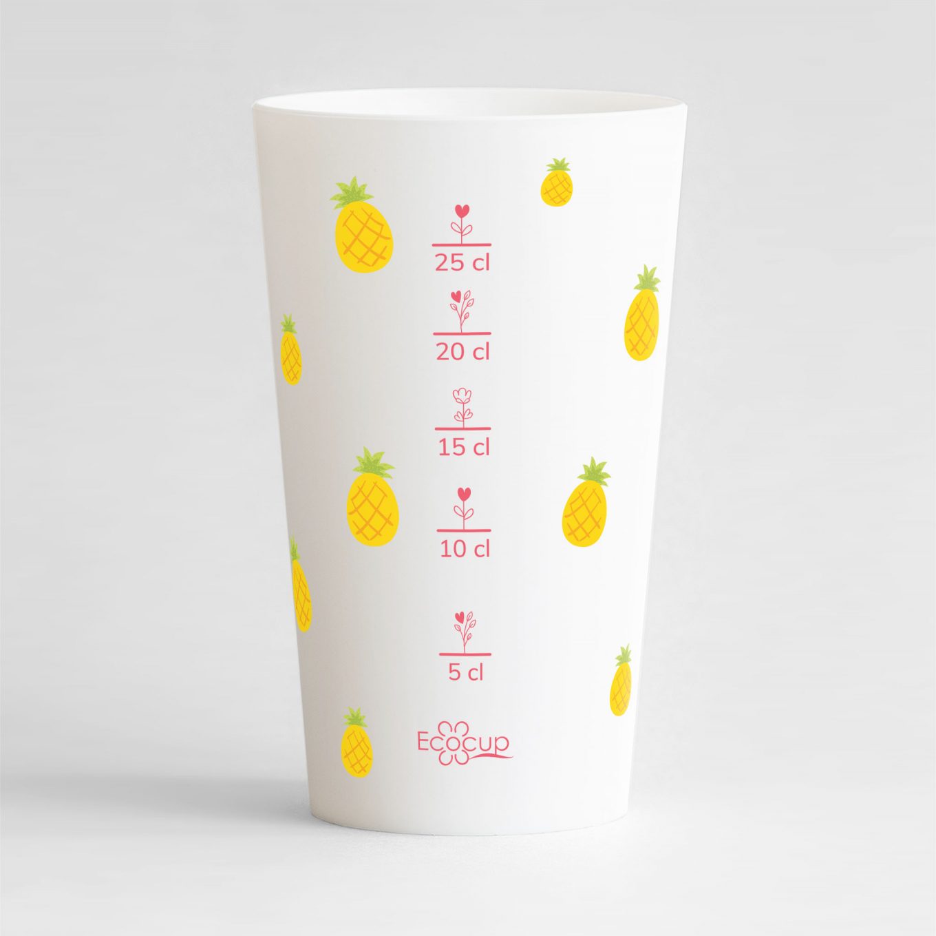 Un ecocup blanc de dos sur un thème tropical, avec une graduation et des ananas.