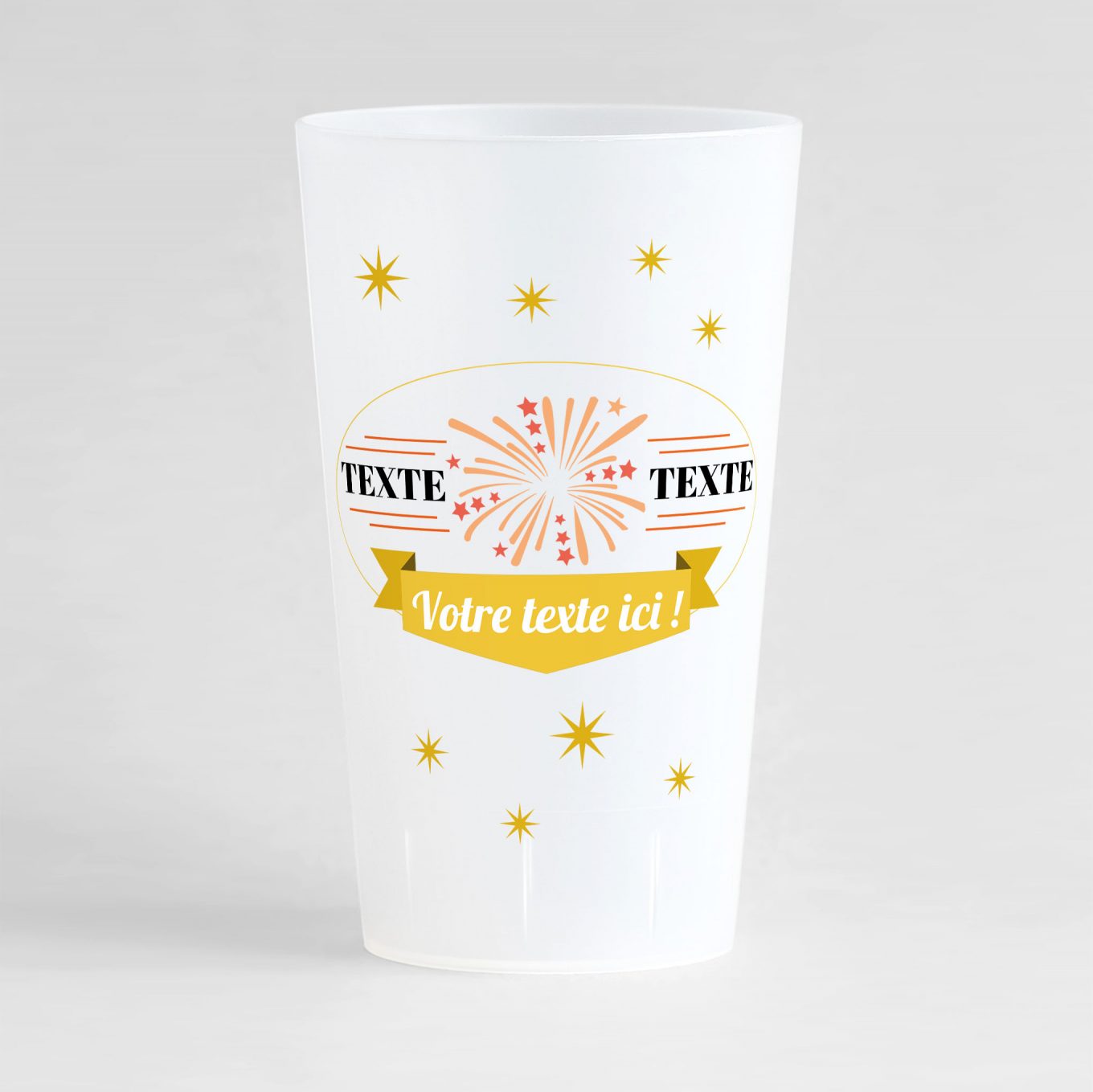 un ecocup givré de face avec un style festif, un feu d'artifice et une etiquette à personnaliser