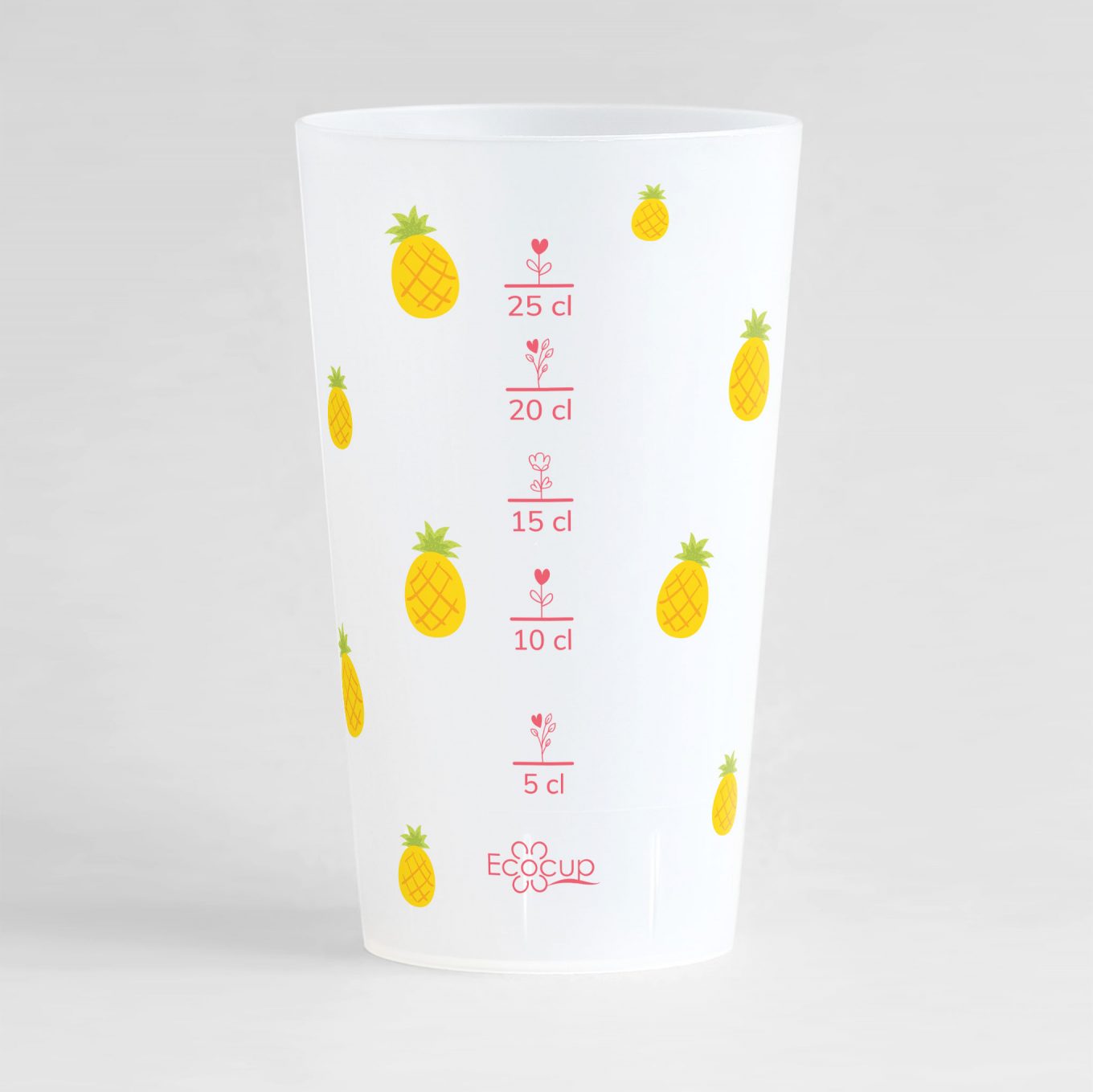 Un ecocup givré de dos sur un thème tropical, avec une graduation et des ananas.