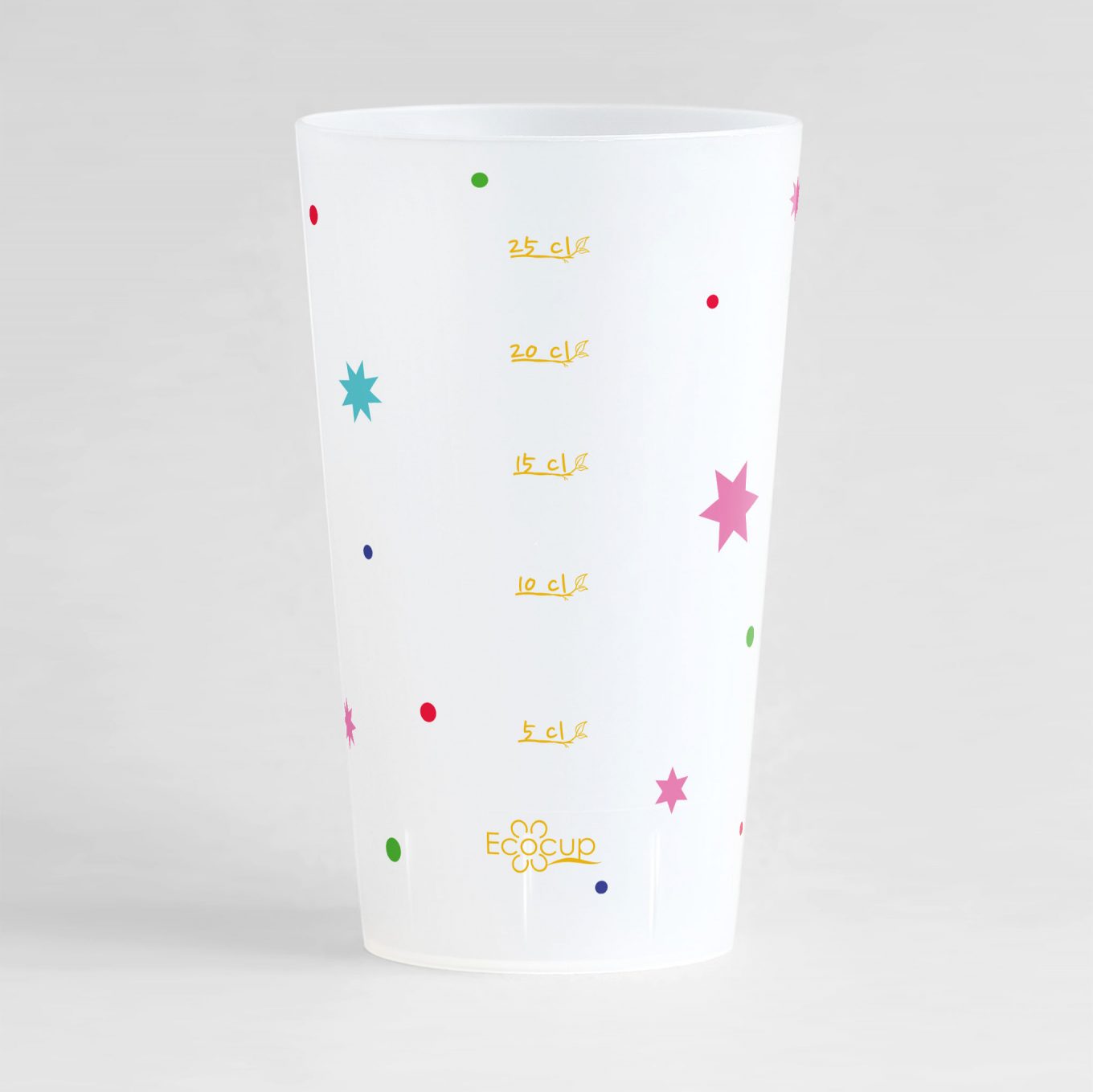 Un ecocup givré de dos avec une graduation, et des motifs étoiles et confettis.