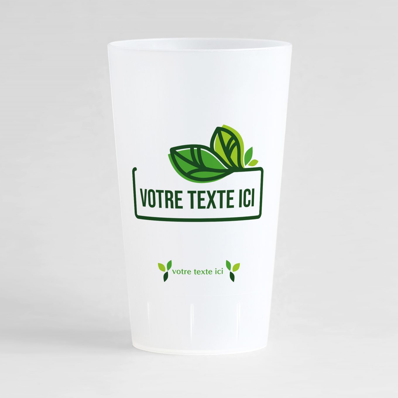 Un ecocup givré de face pour votre événement, avec un cadre, des jolies feuilles et zones de texte