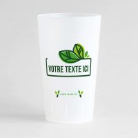 Un ecocup givré de face pour votre événement, avec un cadre, des jolies feuilles et zones de texte