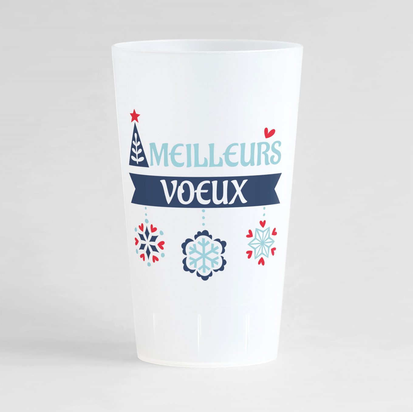 Un ecocup givré personnalisable pour les fêtes de fin d'année, avec des flocons, un sapin et un texte à "meilleurs voeux".