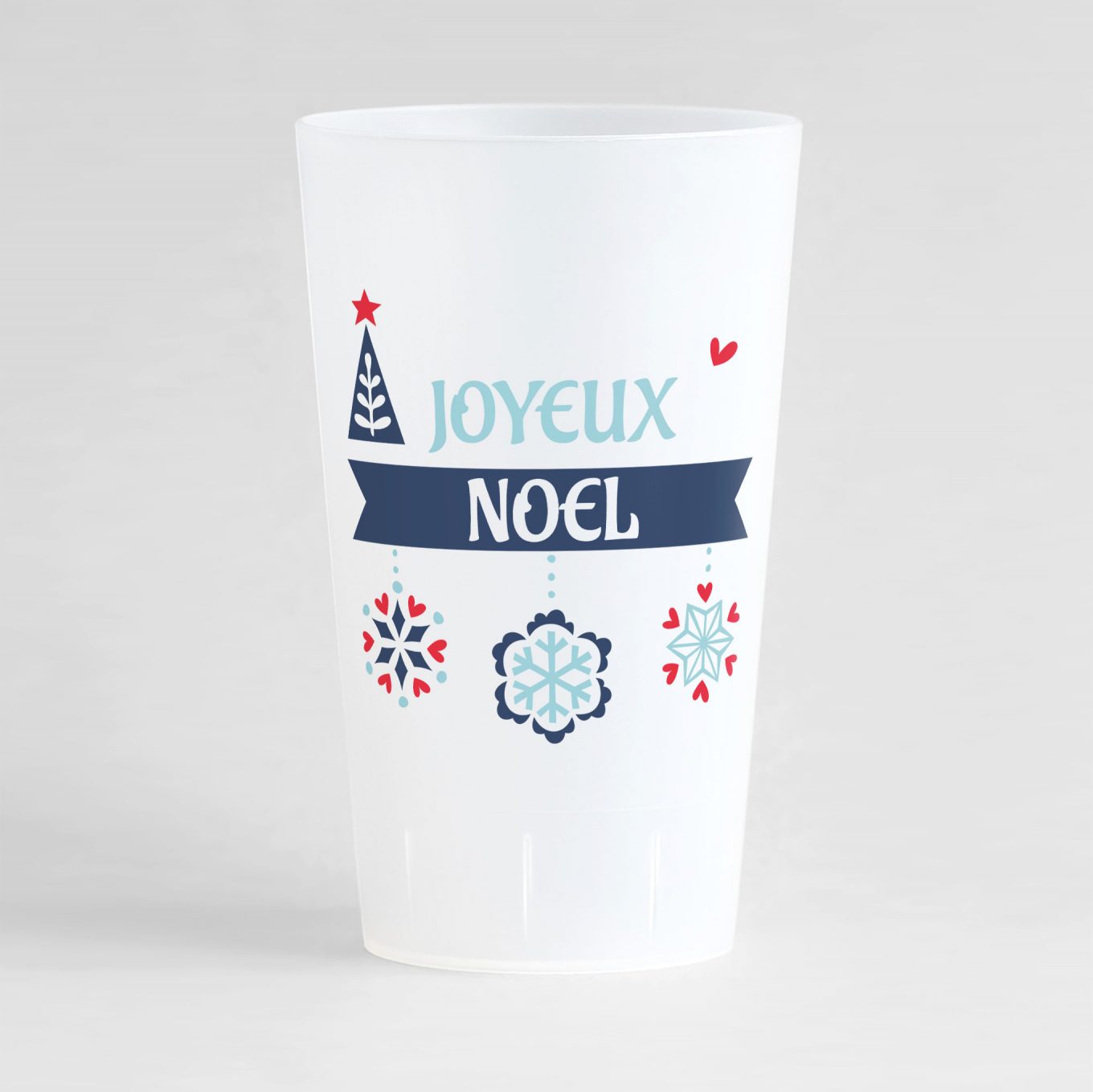 Un ecocup givré personnalisable pour les fêtes de fin d'année, avec des flocons, un sapin et un texte "joyeux noël".