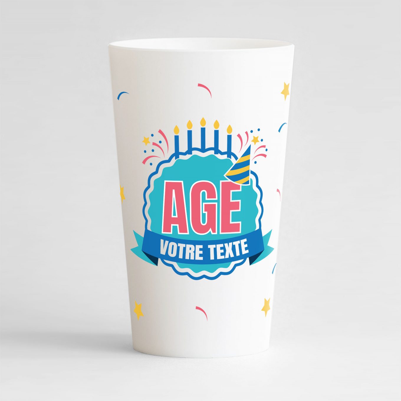 Un ecocup blanc de face pour votre anniversaire, avec des éléments festifs sur tout le gobelet et des zones de texte