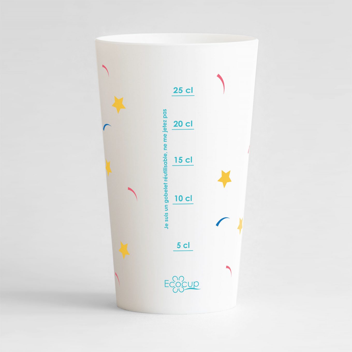 Un ecocup blanc de dos pour votre anniversaire, avec des éléments festifs sur tout le gobelet et des zones de texte