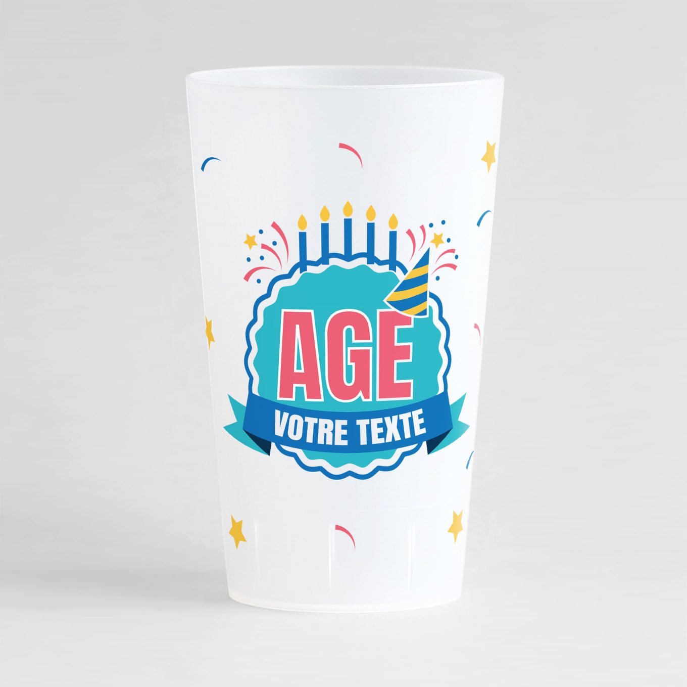 Un ecocup givré de face pour votre anniversaire, avec des éléments festifs sur tout le gobelet et des zones de texte