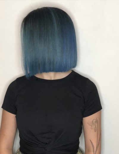 Girl with Blue hair colour and long bob lob haircut with straight hairstyle at Headcase Hair Potts Point Sydney