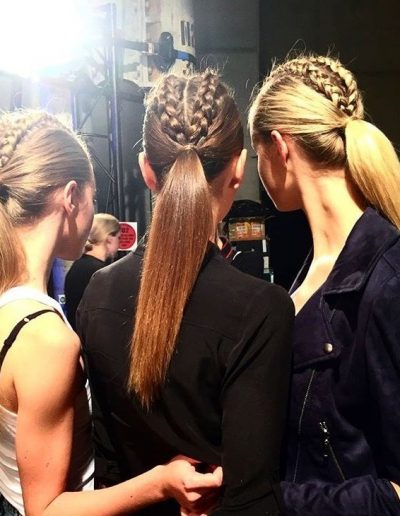 Australian Fashion Week Sydney three models hairstyles with pony tails and plaits on brunette and blonde hair colours