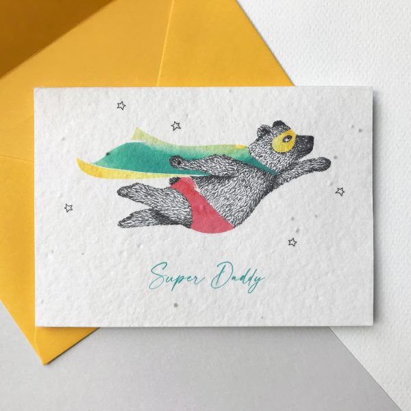 Plantable superhero Daddy card in yellow. Give a card and gift in one with this plantable superhero Daddy card. Recycled paper embedded with seeds, a great gift and activity for parents and children to enjoy together.