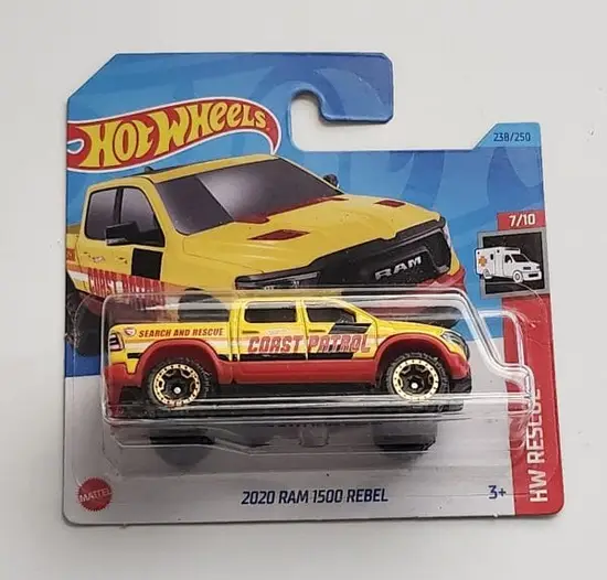 Hot wheels 2023 HW Rescue 7 of 10 - 2020 Ram 1500 Rebel yellow treasure hunt short card HKL04 at JTC Collectibles.