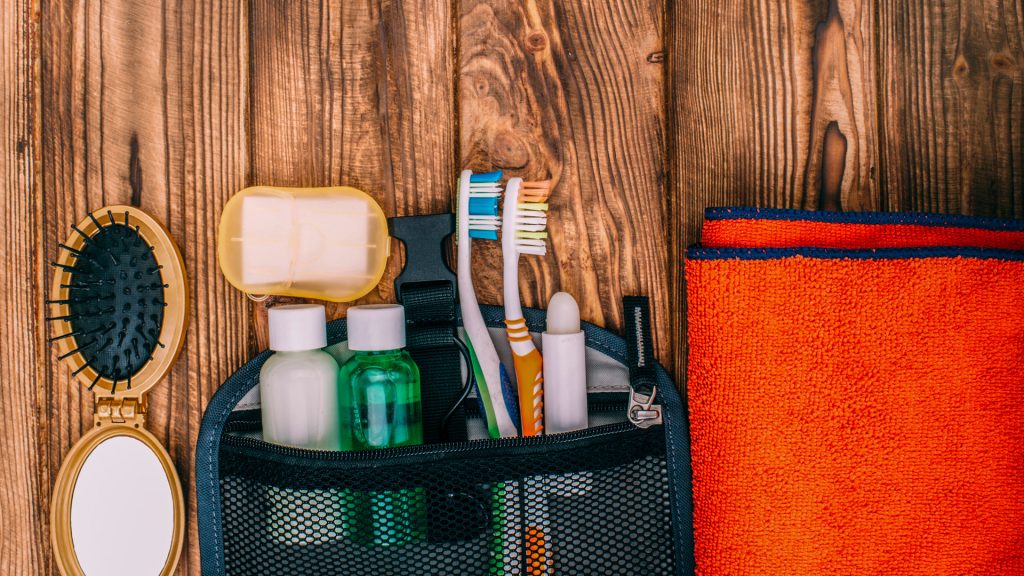 A toiletries kit for backpacking.