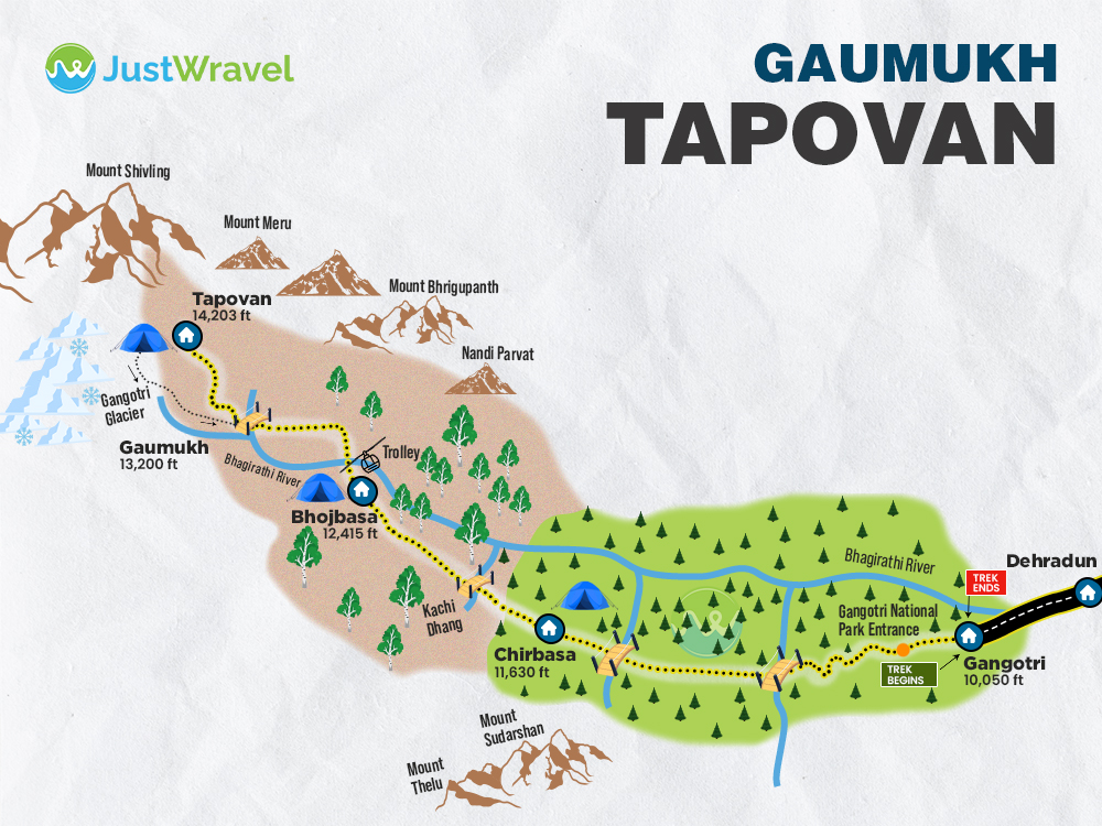 Gaumukh Tapovan Trek Map by JustWravel