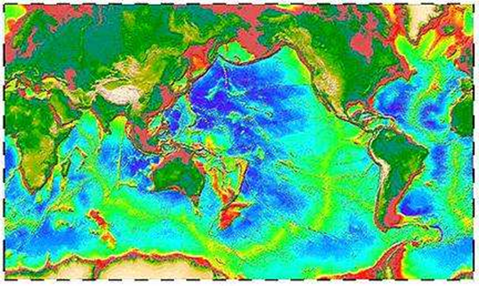 Topografie zemského povrchu: červené – šelfové oblasti, žlutá na kontaktu s červenou - kontinentální stupně, zelená – platformy a prekambrické štíty, béžovo/hnědé pásma – orogenní pásma, modře hlubokomořské pánve, světlezelená až žlutá – středo-oceánické hřbety