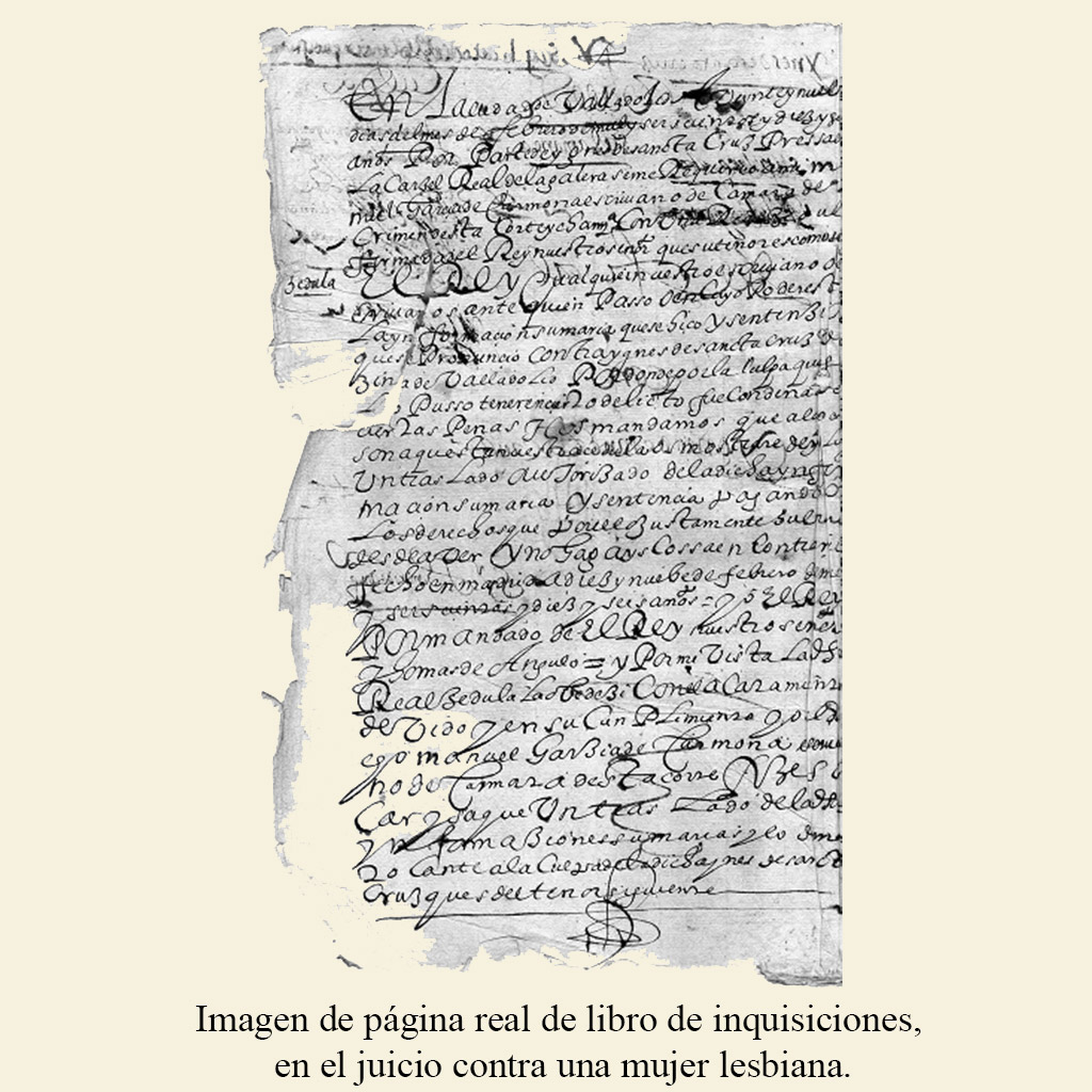 Hoja de libro original de la inquisición, contra el juicio contra Inés de Santa Cruz y Catalina Ledesma, en el siglo XVII.