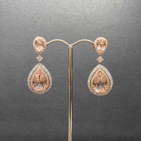 18ct White and Rose Gold Double Halo Pear Morganite Earrings._0