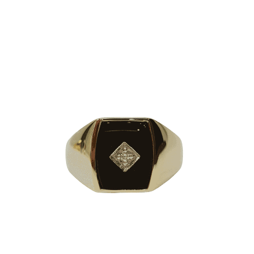 9ct yellow gold Onyx and diamond signet ring - Linda & Co