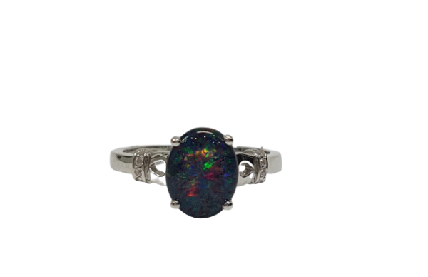 Sterling silver rhodium plated triplet opal and crystal set ring_0