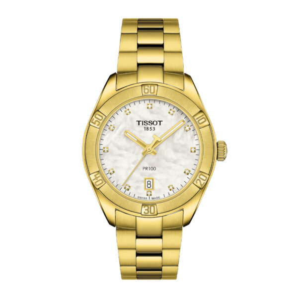 Tissot PR100 Sport Chic T1019103311601Weight 112 Collection T-Classic Gender LADY Water resistance Water-resistant up to a pressure of 10 bar (100 m / 330 ft) Warranty 2 Years of Warranty Thickness 9 Length 36.00 Width 36.00 Case Material 316L stainless steel case with yellow gold PVD coating Lugs 18.00 Case shape ROUND Crystal Scratch-resistant sapphire crystal Energy Quartz EOL Jewels 7 Model ETA 955.412 Movement Swiss quartz Caliber 10 1/2''' Dial HMSD Caliber Diameter (mm) 23,3 Battery battery type Renata 371 Functions EOL (battery end-of-life indicator) Dial color white mother-of-pearl Indexes diamonds Carat 0.0456 Clarity vs-si Color Top Wesselton cut 8/8 Single cut Dial Diamonds 12 Strap color Yellow Gold 1N14 Strap reference T605044670 Strap details Stainless steel Buckle folding clasp with push-buttons_0