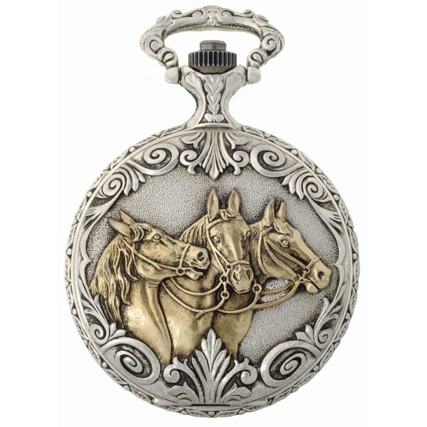 Gents 48mm Pewter Antique Two Tone Gold Plated "Three Horses" Swiss Quartz Pocket Watch- 8012_0