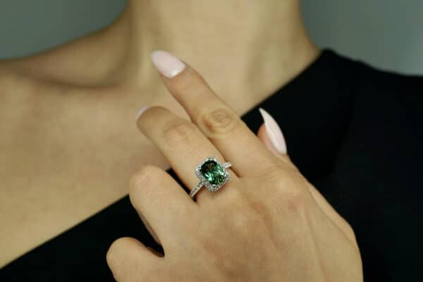 White Gold Cushion Cut Green Tourmaline Diamond Ring_0