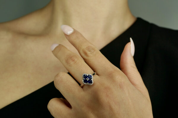 White Gold Blue Sapphire and Diamond Flower Ring_0
