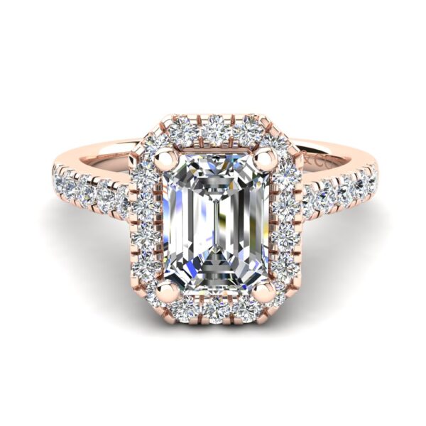 Halo Emerald Cut Engagement Ring With Side Stone Rose Gold
