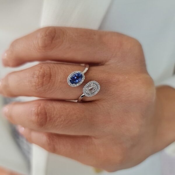 Linda & Co 18Ct White Gold Toi Et Moi Set With Diamonds And Blue Sapphire Cocktail Dress Ring_2