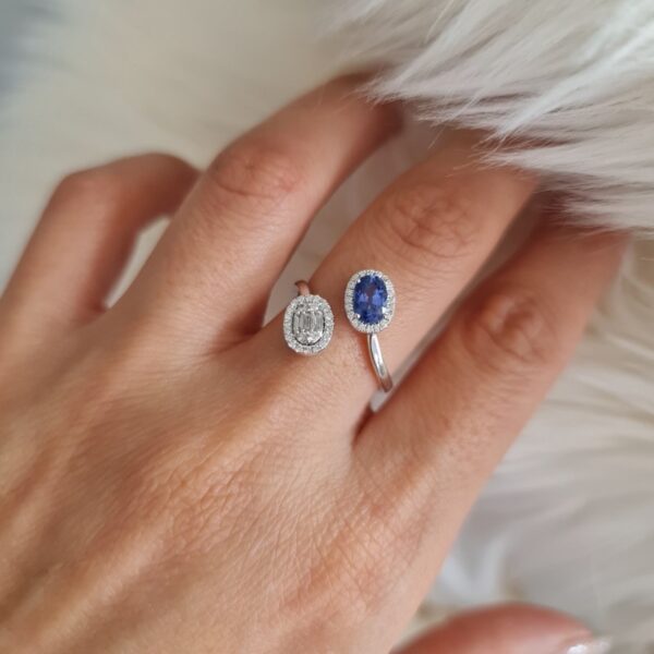 Linda & Co 18Ct White Gold Toi Et Moi Set With Diamonds And Blue Sapphire Cocktail Dress Ring_1