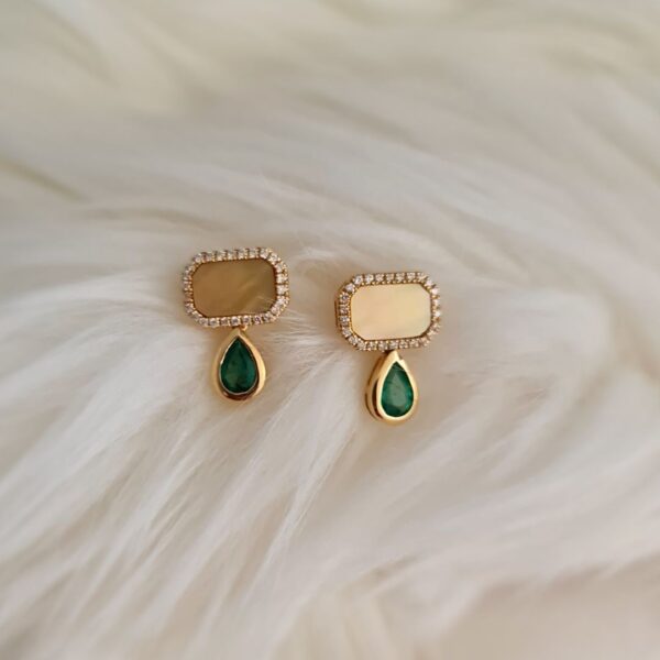 Linda & Co 18Ct Yellow Gold Decadent Stud Earrrings Set With Natrual Diamonds, Emerald And Yellow Mother Of Pearl._2