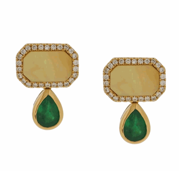 Linda & Co 18Ct Yellow Gold Decadent Stud Earrrings Set With Natrual Diamonds, Emerald And Yellow Mother Of Pearl._0