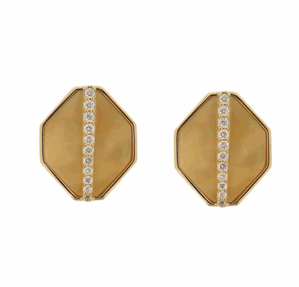 Linda & Co 18Ct Yellow Gold Hexagonal Stud Earrings Set With Diamonds And Yellow Mother Of Pearl._0