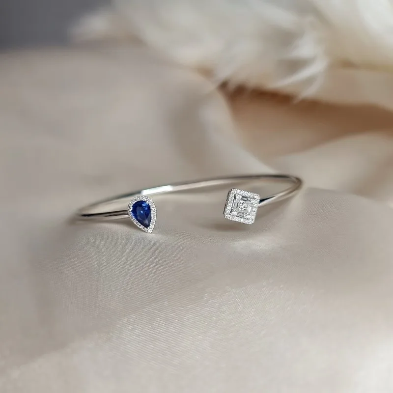 18Ct White Gold Toi Et Moi Cuff Bangle Teardrop Ceylon Sapphire & Natural Diamonds._2