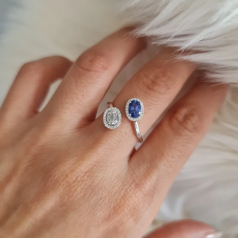 Linda & Co 18Ct White Gold Toi Et Moi Set With Natrual Diamonds And Blue Sapphire Cocktail Dress Ring_1